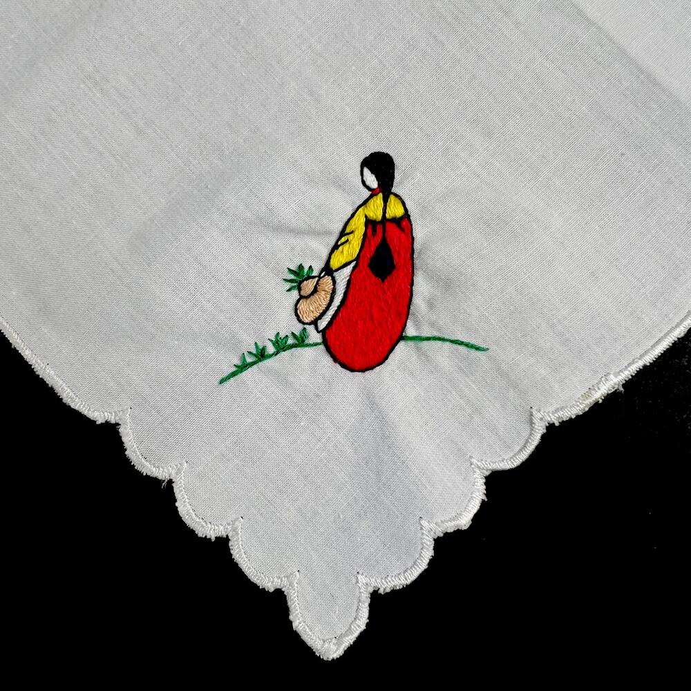 Vintage White Handkerchief Red Green Embroidery Plants Garden Woman 8.5" Square